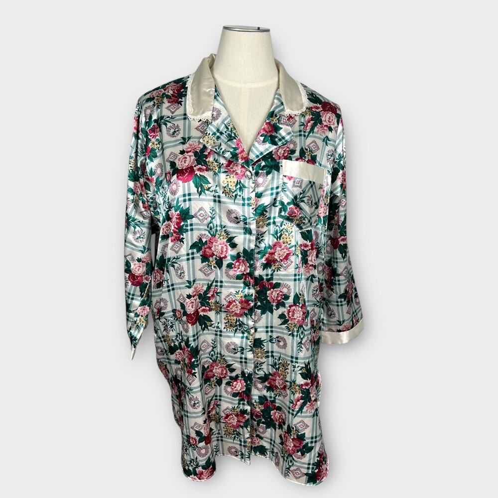 Vintage Floral Plaid Satin Trim Sleep Shirt Cottagecore Grannycore Pajama Top XL